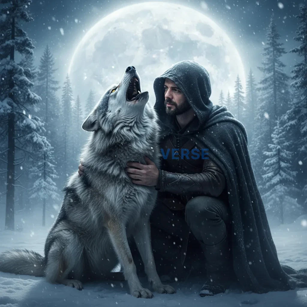 Close-up portrait of a man crouching, stroking the mane of a wolf mid-