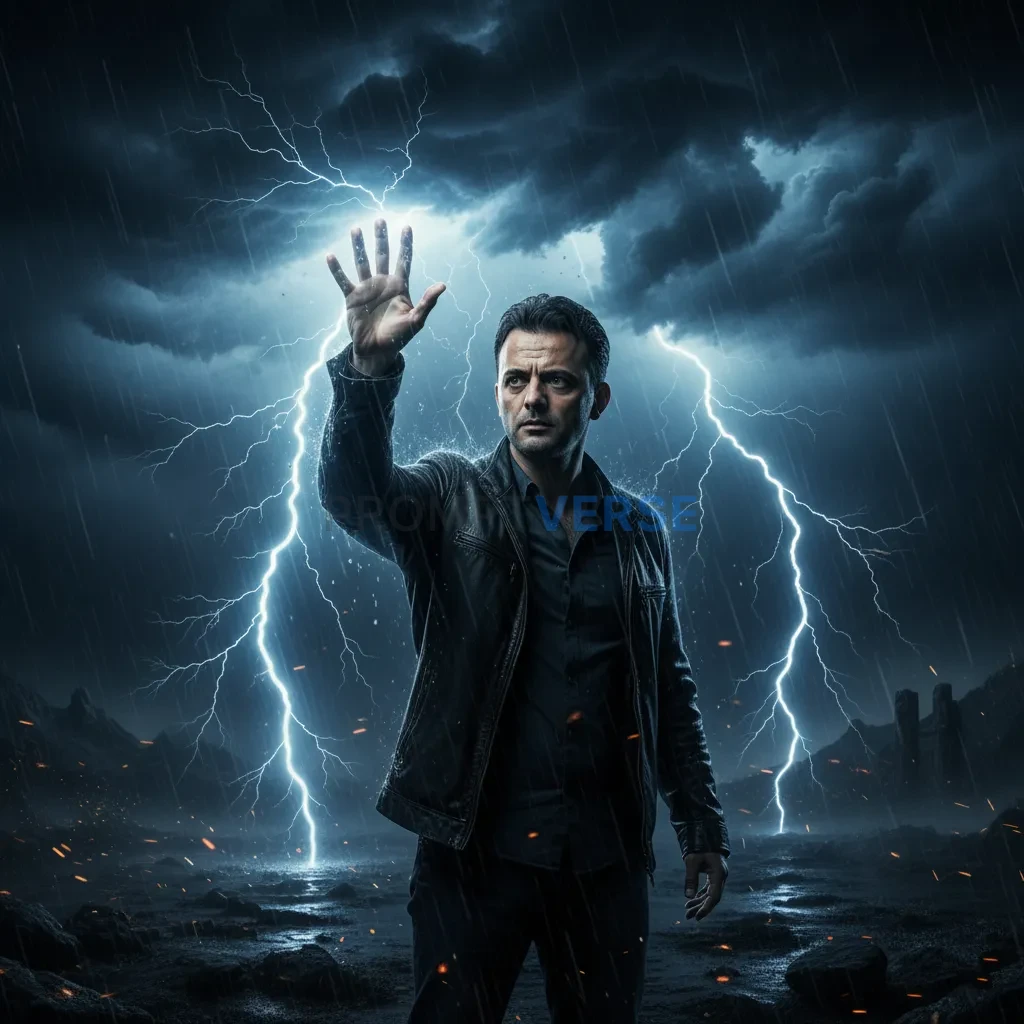 Ultra-detailed portrait of a man raising hand, lightning striking all 