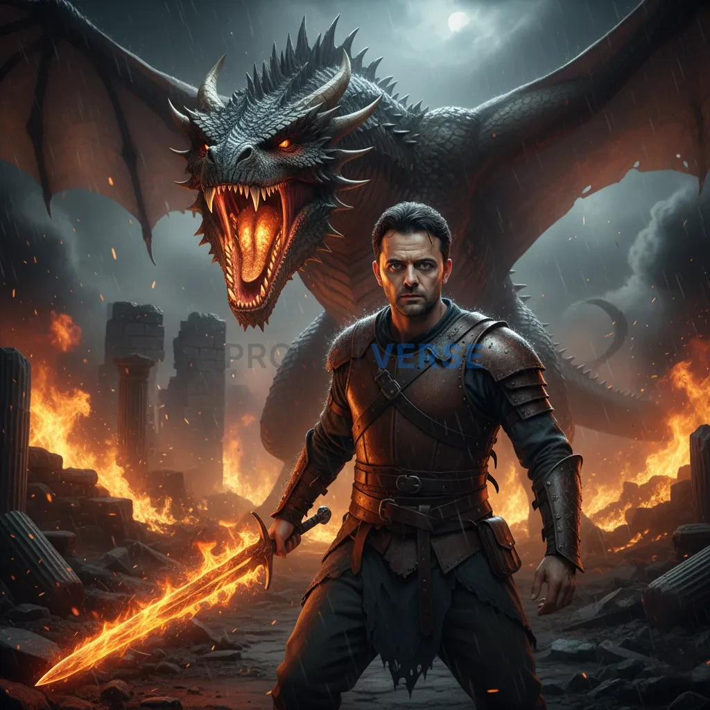 Cinematic portrait of a man facing dragon in burning ruins, sword glow