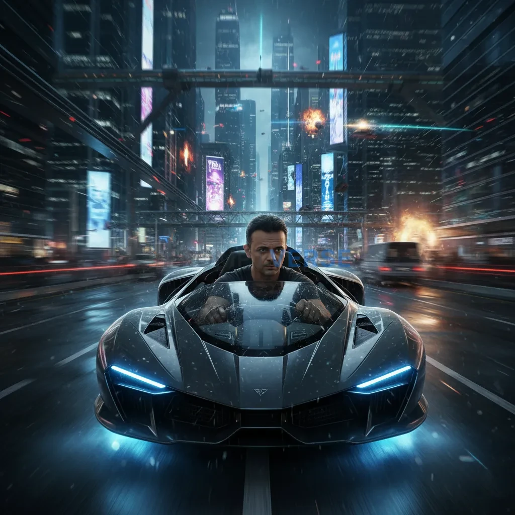 Ultra-detailed cinematic shot of a man driving hovercar through futuri