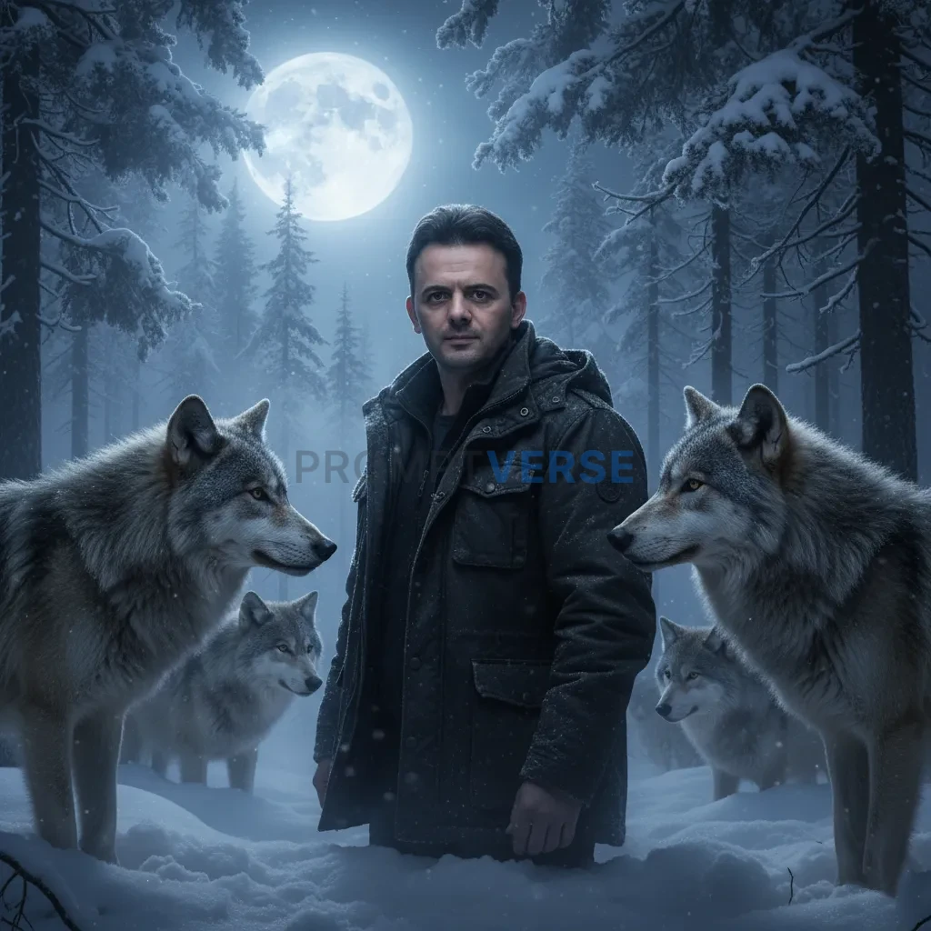 Ultra-detailed close-up of a man surrounded by wolves in snowy forest,