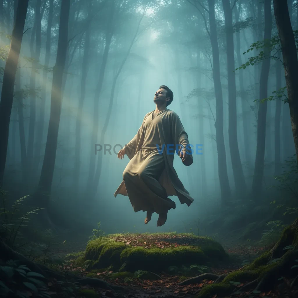 Cinematic portrait of man floating slightly above ground in foggy fore