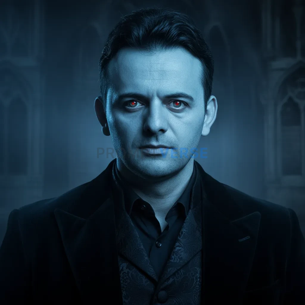 Cinematic portrait of man in elegant black coat, pale skin glowing und