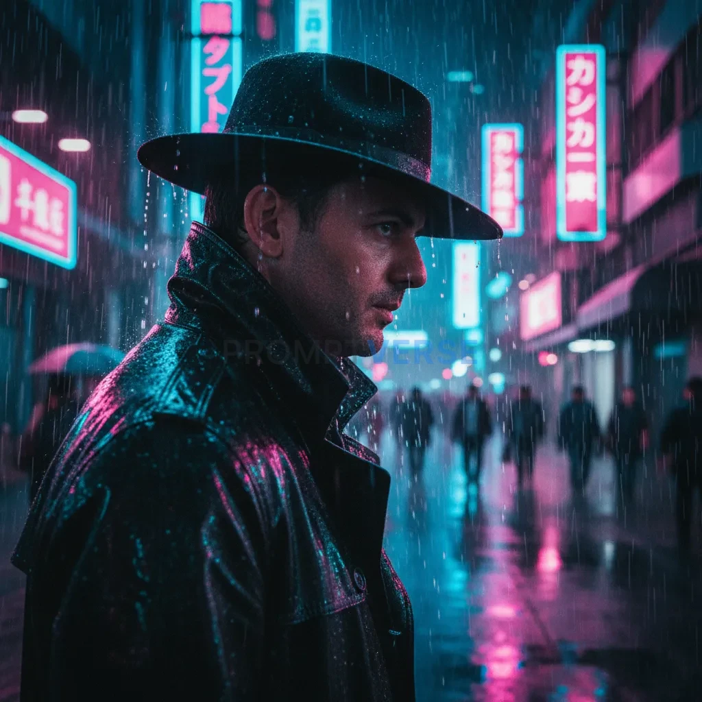 Cinematic cyberpunk portrait of a man walking through a neon-lit futur
