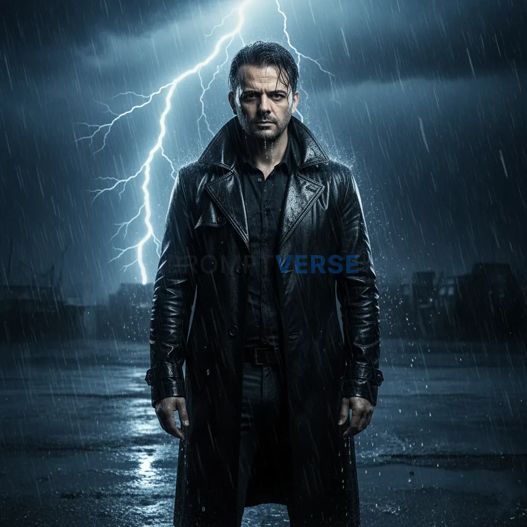 Cinematic portrait of a man in black trench coat, lightning flashing b