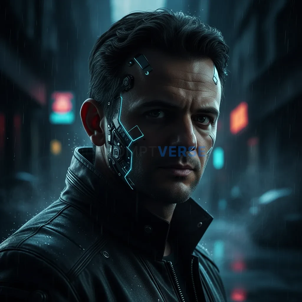 Cinematic close-up of a man with subtle cybernetic implants, glowing l