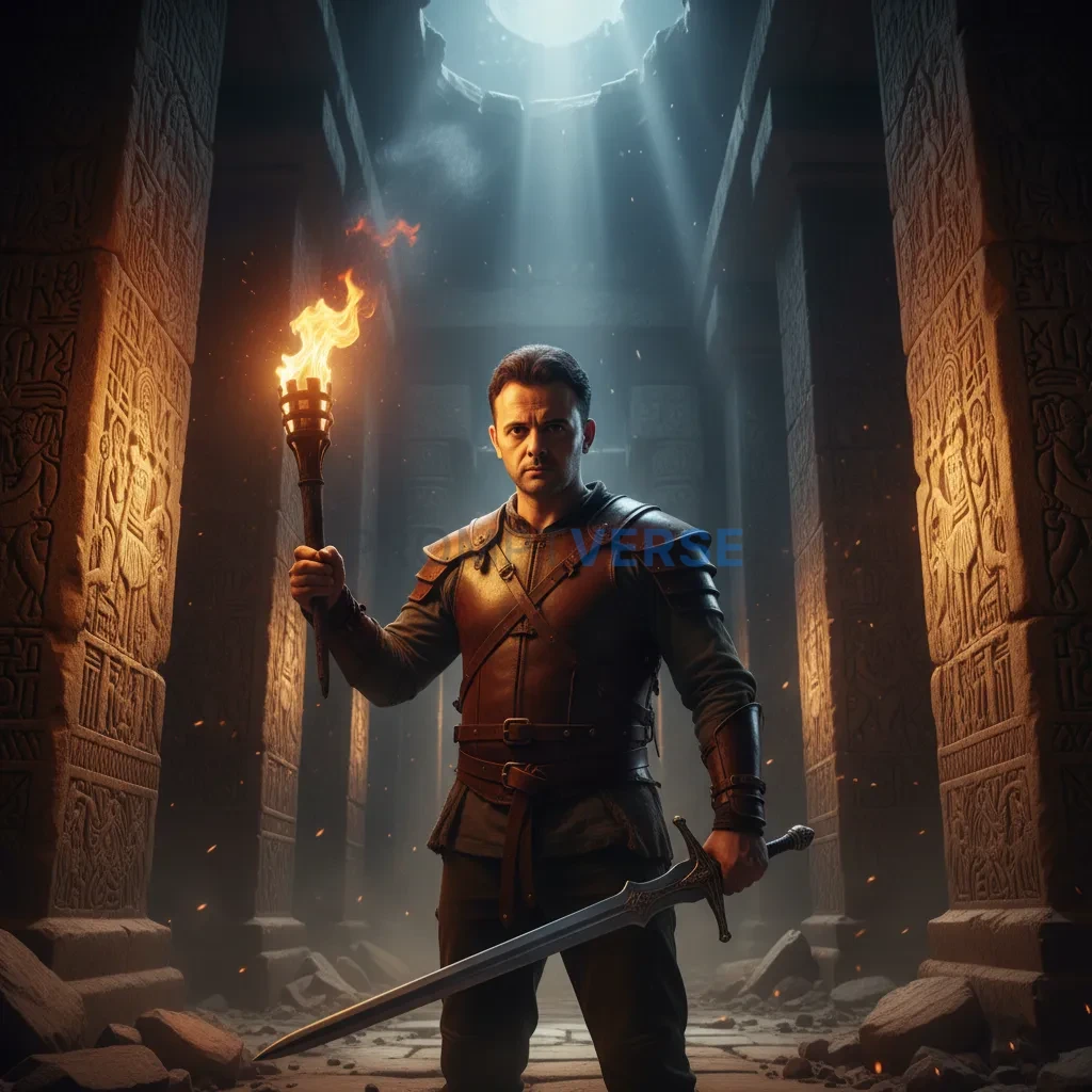 Cinematic portrait of a man holding torch in one hand and sword in the