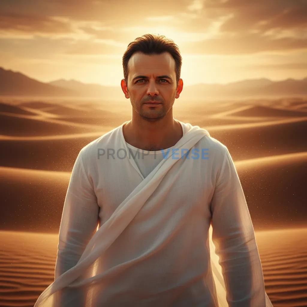 Here's an ultra-detailed portrait of a man in a white robe, with deser