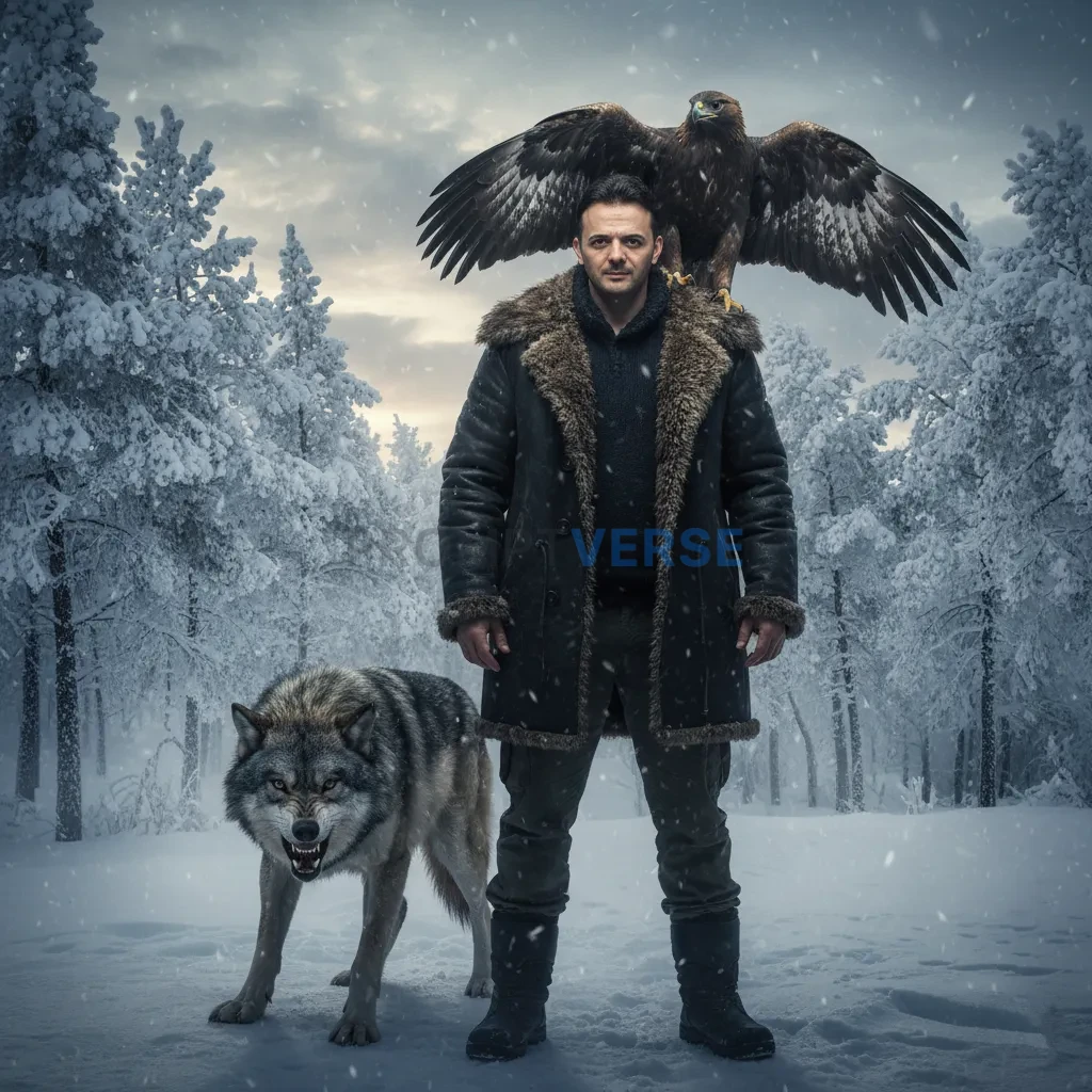 Cinematic editorial portrait, man with fur-lined coat standing in froz