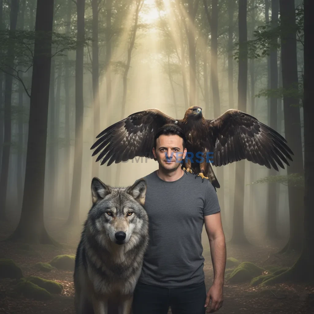 Cinematic portrait of a man standing in misty forest, wolf pressed clo