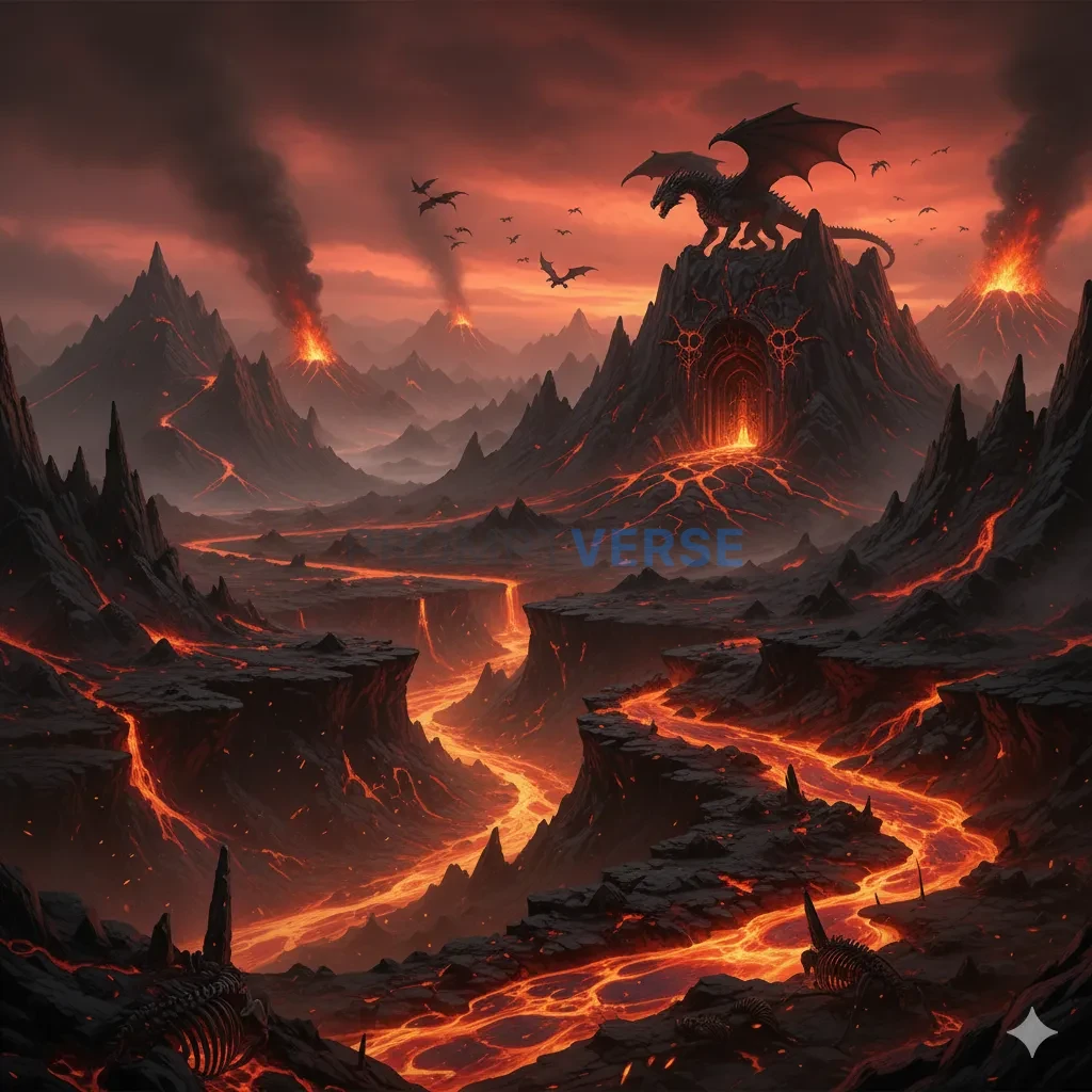 The treacherous, fiery landscape of a dragon's domain, a volcanic wast