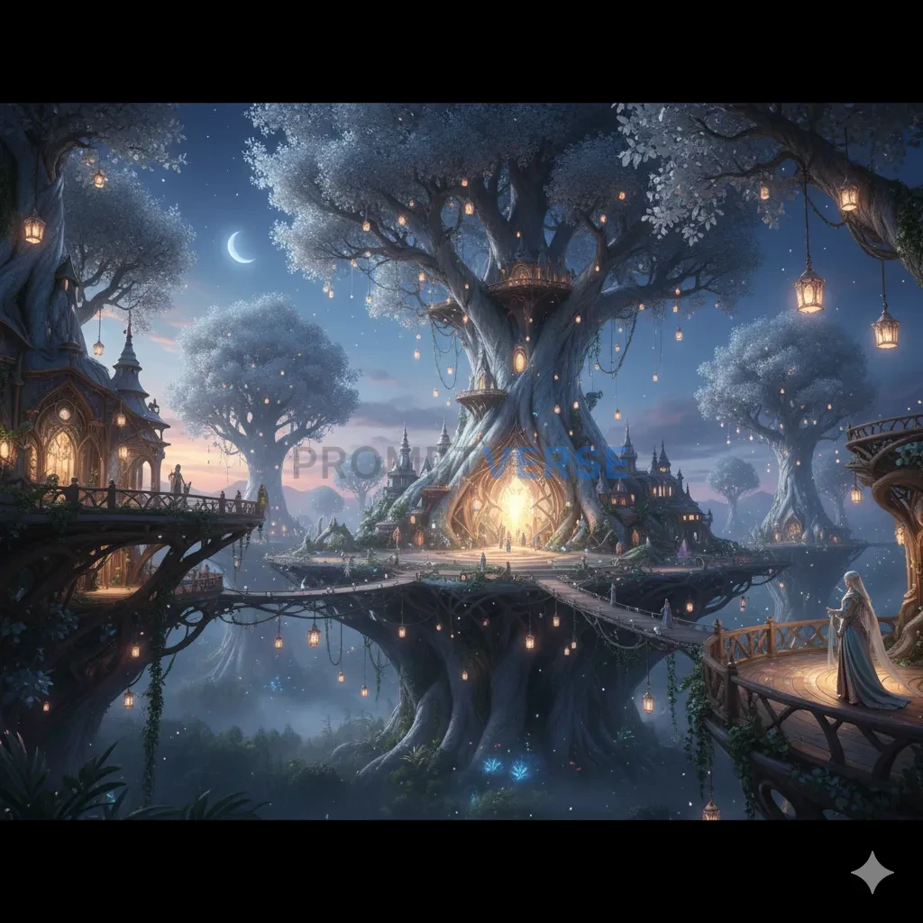 An ethereal elven city built seamlessly into the boughs of colossal, s