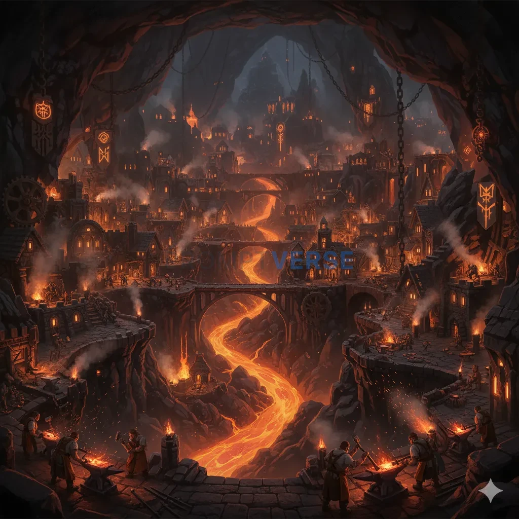 The sprawling, glowing, underground city of dwarves, built around a ri