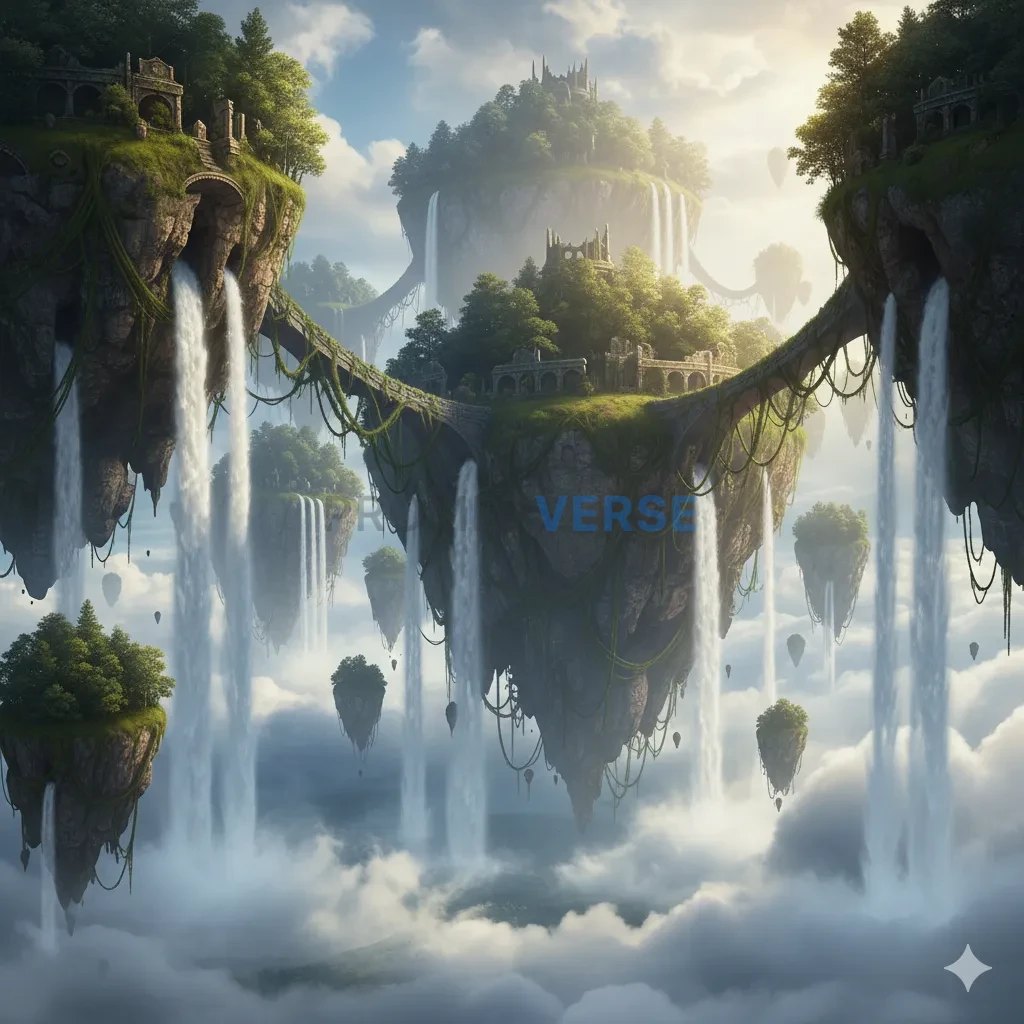 A mystical landscape of floating islands connected by ancient, vine-co