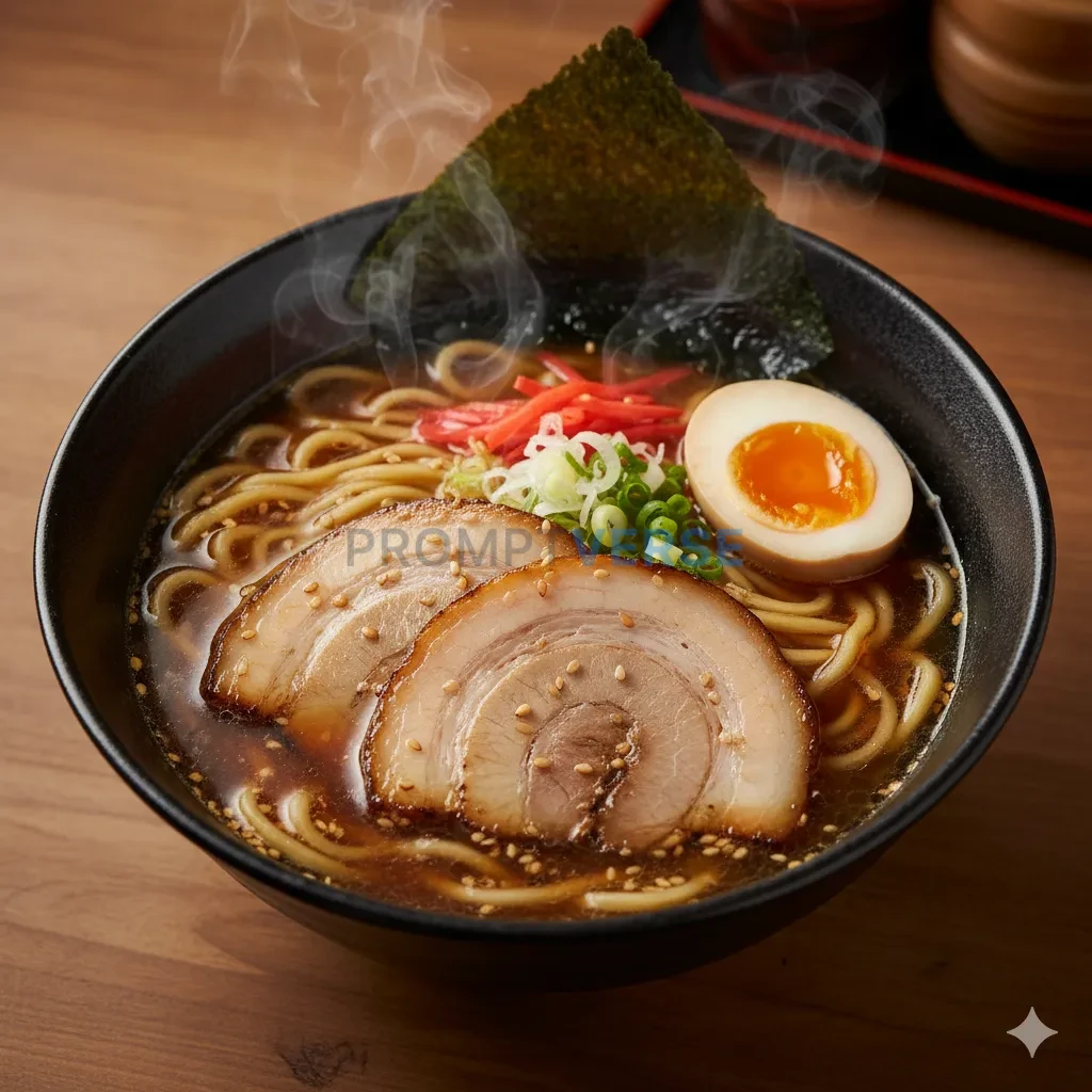 A beautiful, steaming bowl of Japanese ramen, with perfectly arranged 
