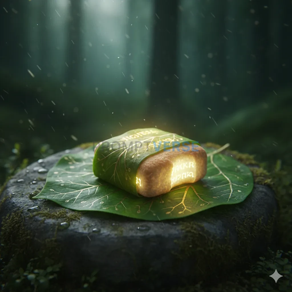 A magical, glowing Elven bread (Lembas), wrapped in a large green leaf