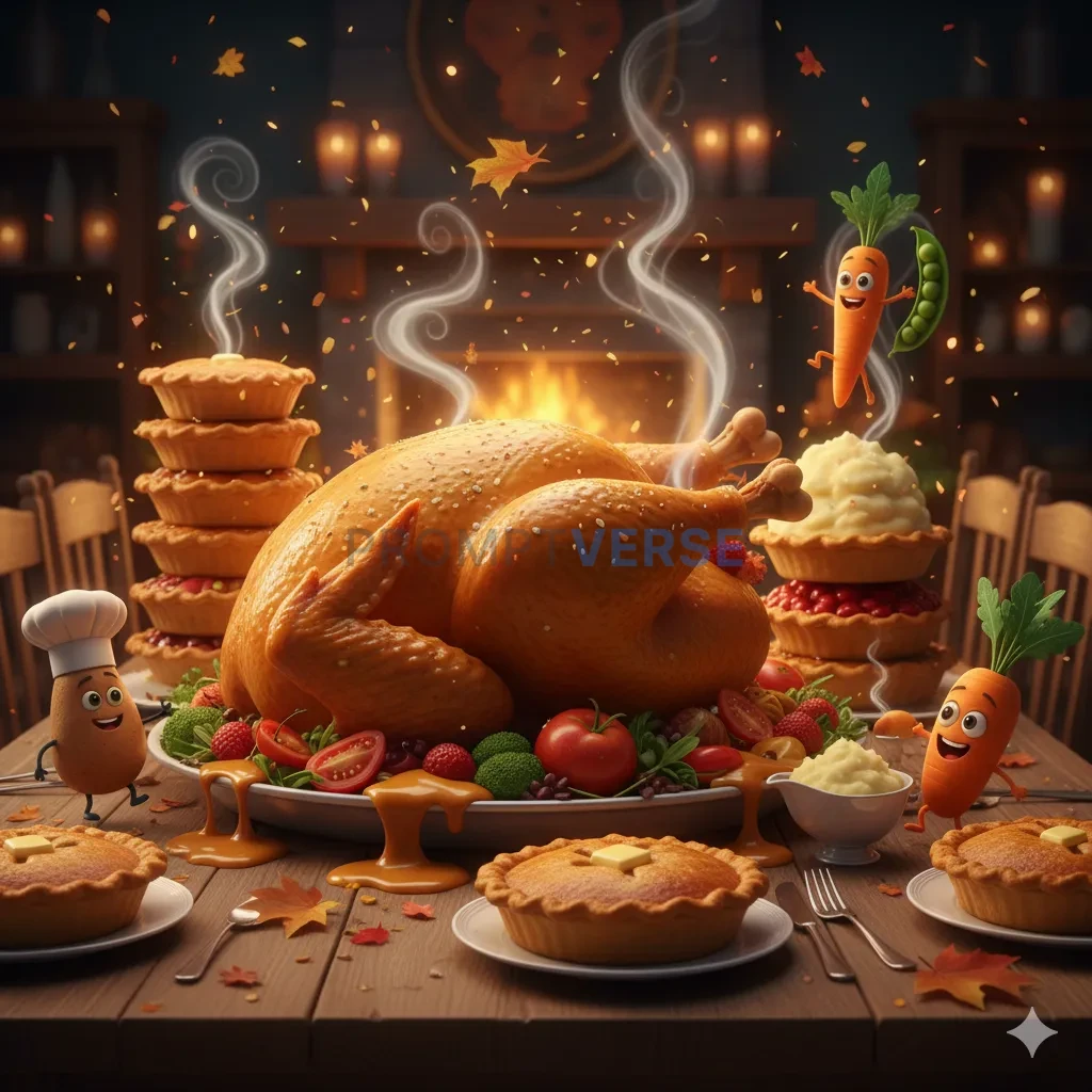 A Pixar-style, animated feast, with a giant roasted turkey, cartoonish