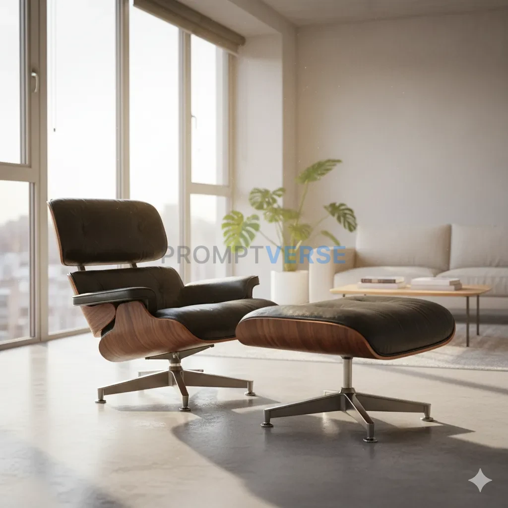 A sleek, minimalist, Eames lounge chair and ottoman, a timeless icon o
