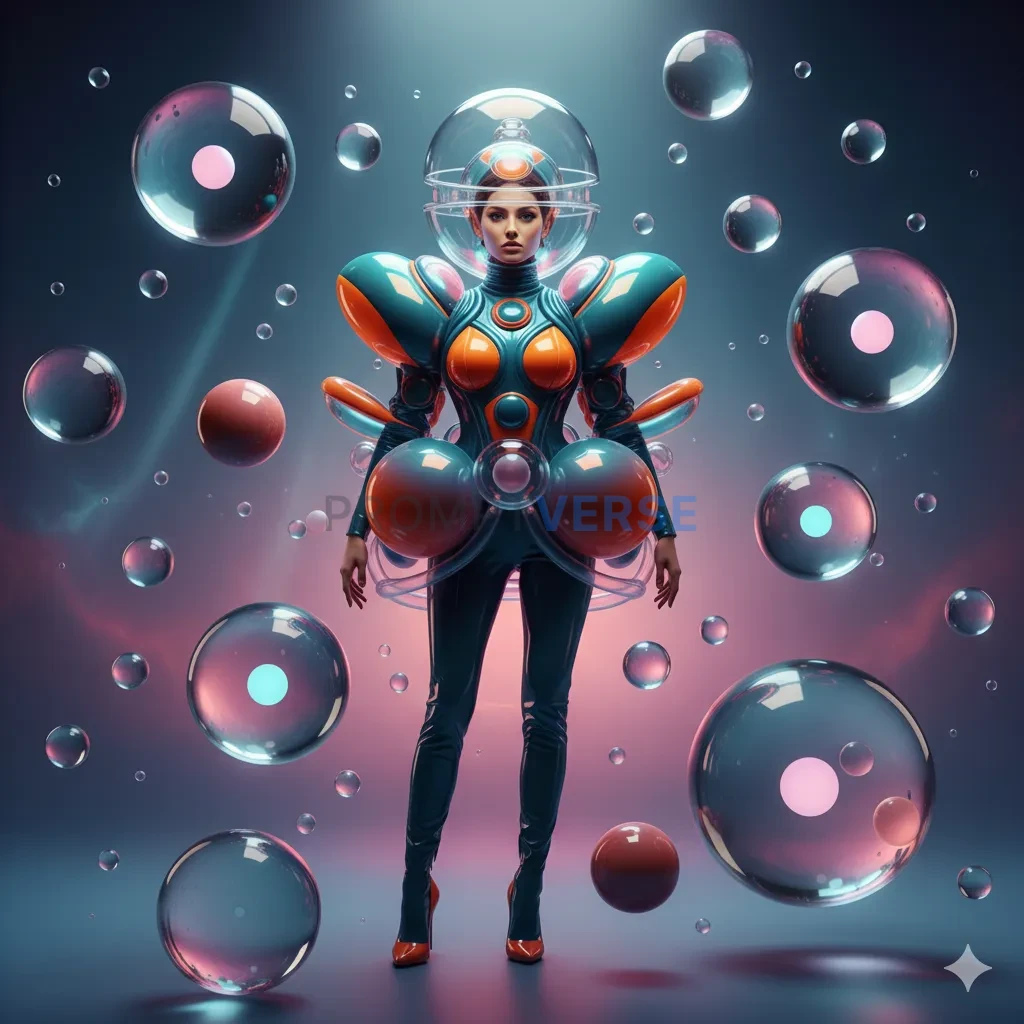 Sci-fi inspired editorial portrait, model in inflated geometric costum