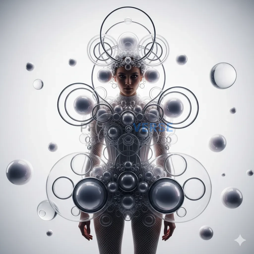 High fashion conceptual portrait, surrealist outfit inspired by sphere
