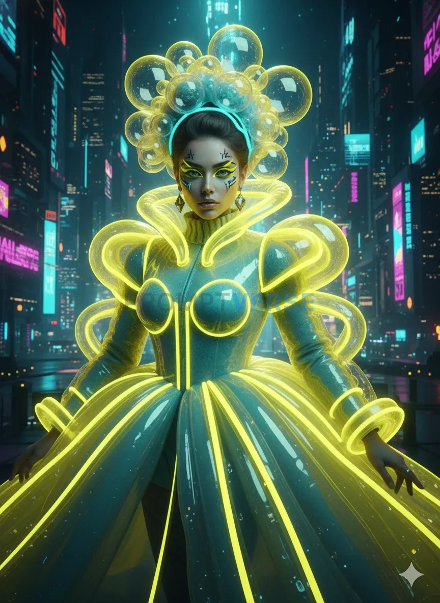 Cyber couture portrait, model wearing inflated geometric shapes, neon 