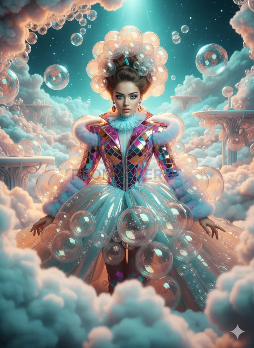 Futuristic fashion editorial with avant-garde bubble textures, pastel 