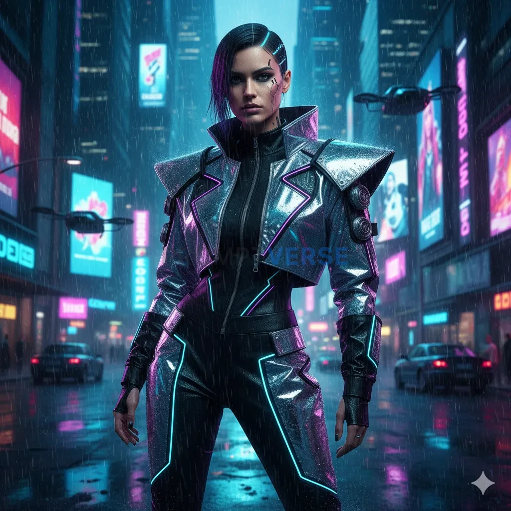 Cyberpunk high fashion look, chrome fabrics, purple and cyan neon ligh