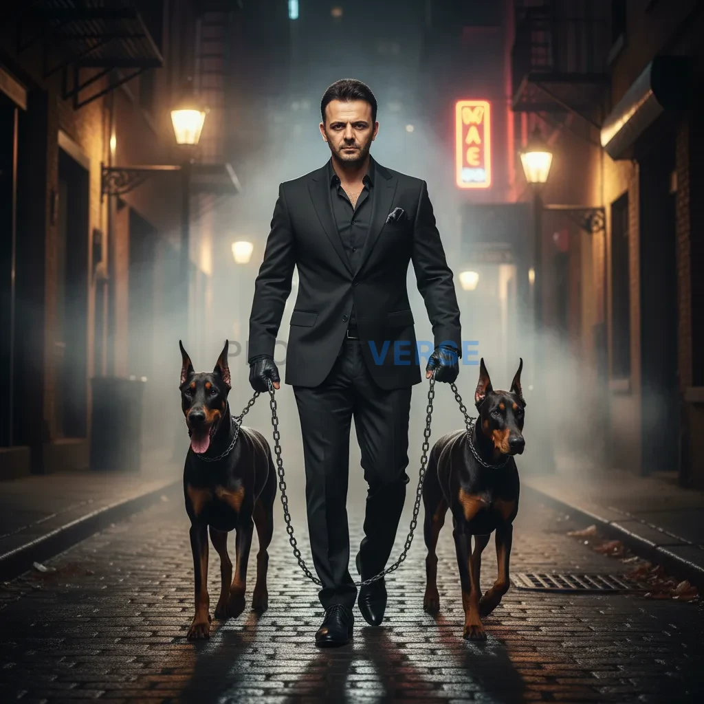 A confident man in a sleek black suit walking two Doberman dogs down a