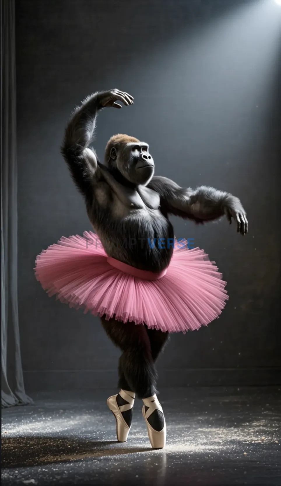 The gorilla performs a graceful ballet dance in a pink tutu under a sp