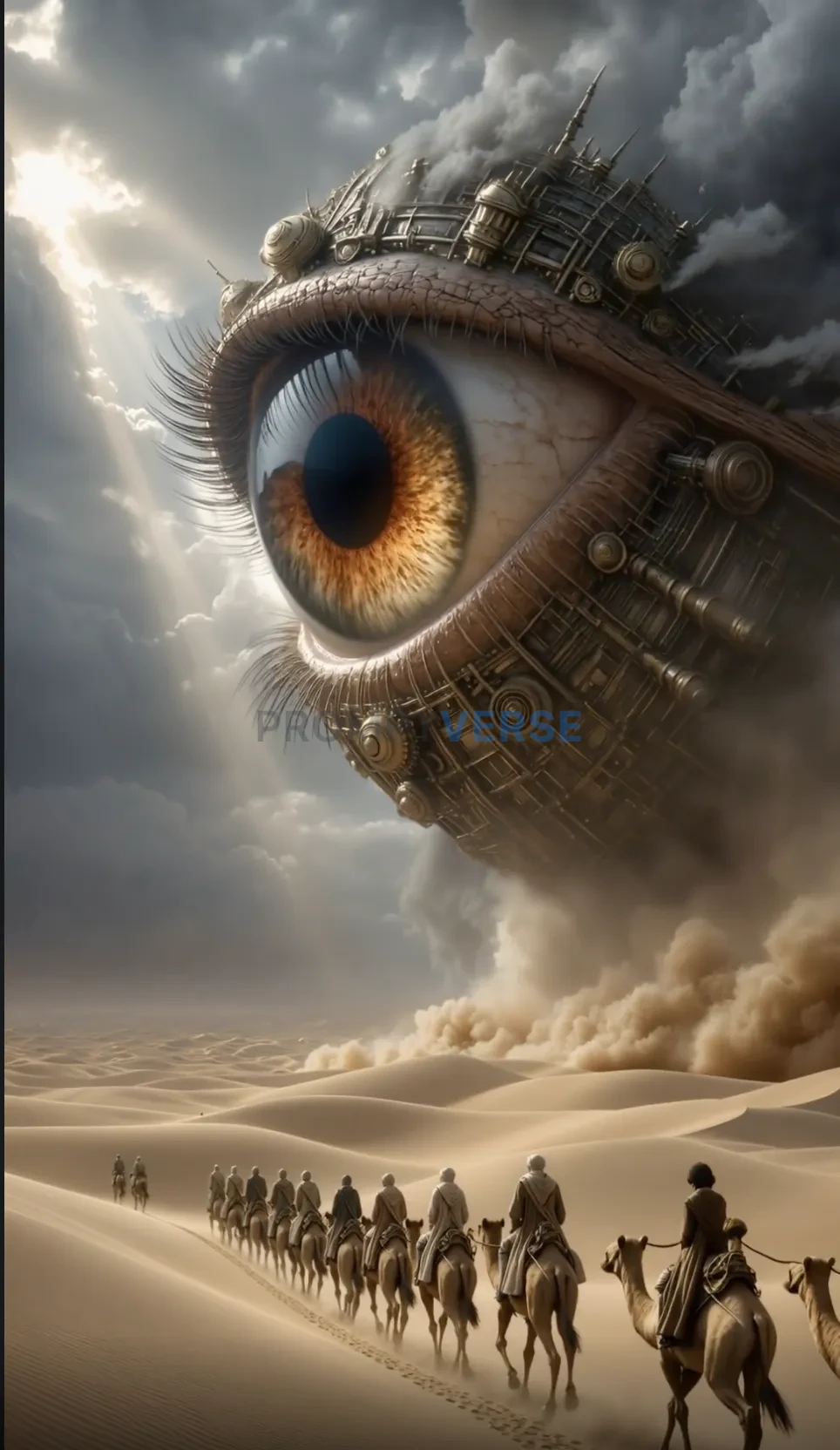 A surreal cinematic fantasy scene in a vast desert under a stormy sky.