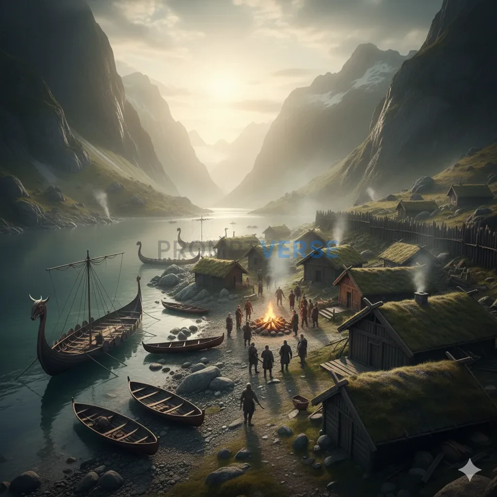 A rugged, coastal Viking village, with longhouses, smoking fires, and 