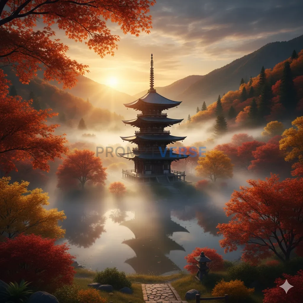 A serene, mist-shrouded valley in feudal Japan, with a single, elegant