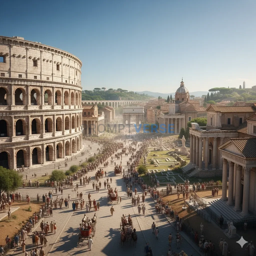 The majestic, bustling city of ancient Rome at its peak, with the Colo