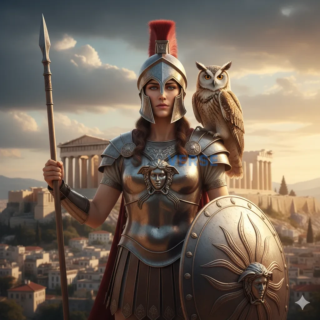 The goddess Athena, in shining armor with her owl perched on her shoul