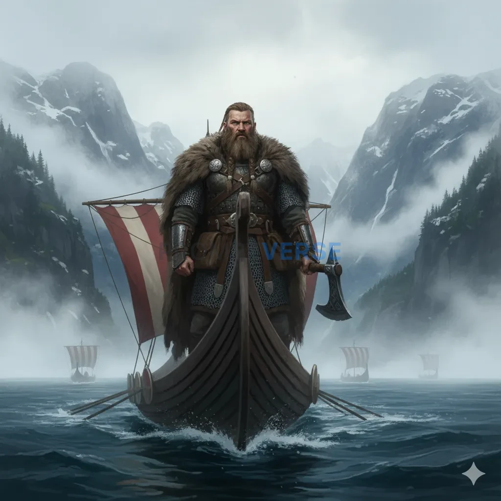 A powerful Viking Jarl with a weathered face and braided beard, standi