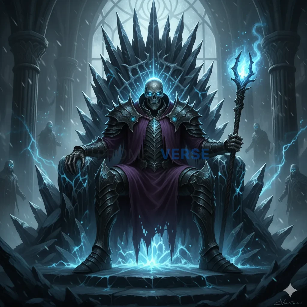 A terrifying, skeletal Lich King, clad in dark, ornate armor and a tat