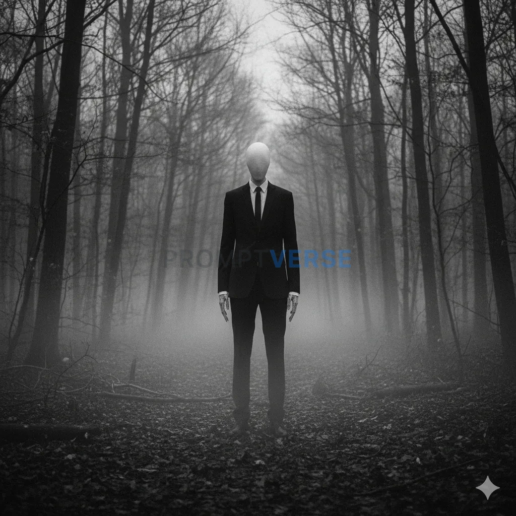 A silent, unsettling figure like the Slender Man, tall and faceless in