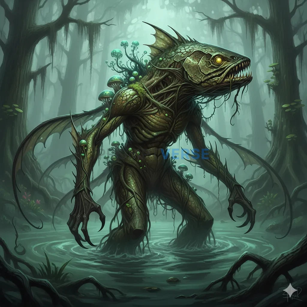 A swamp-dwelling creature, a grotesque hybrid of fish, man, and plant,