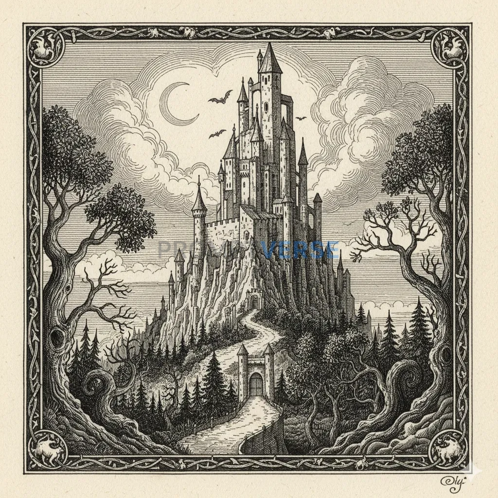 A detailed, cross-hatched ink drawing of an old, mysterious castle, in