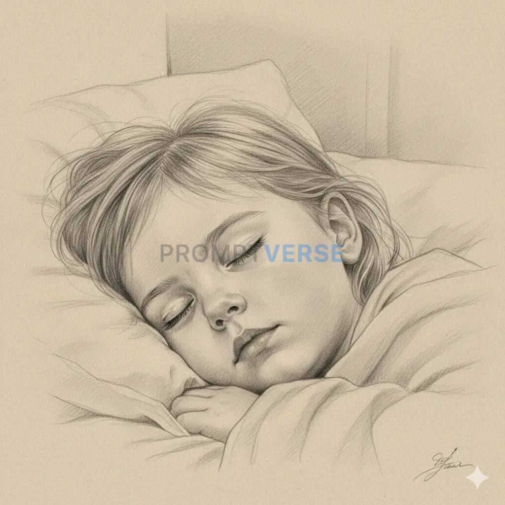 A soft, delicate pencil sketch portrait of a sleeping child, capturing