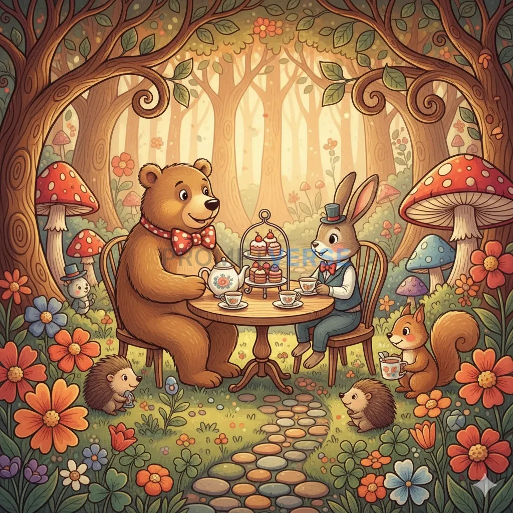 A whimsical children's book illustration, a friendly bear and a clever