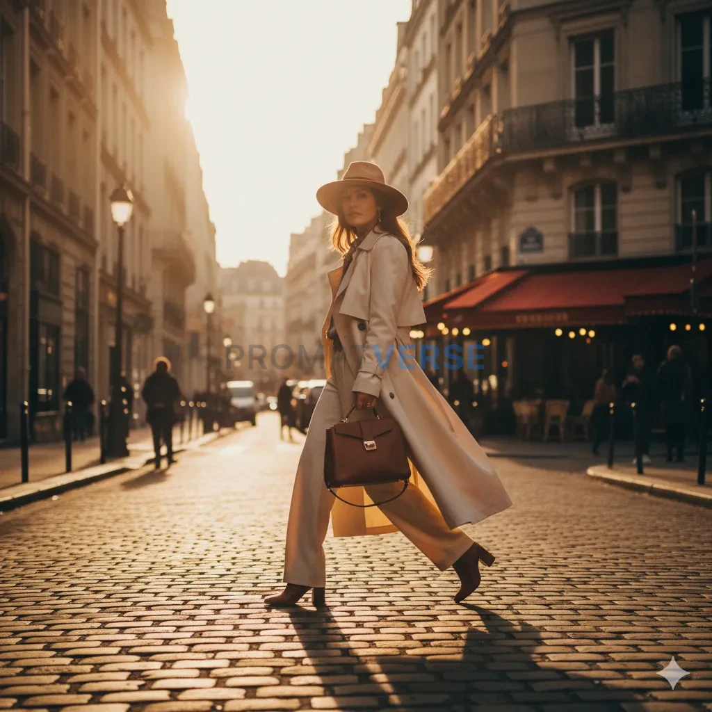 Elegant woman wearing beige trench coat and sunglasses, holding a coff