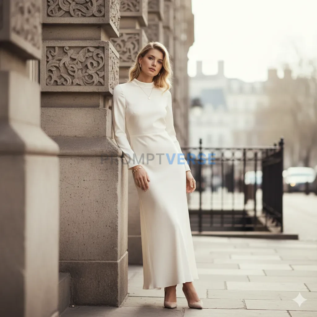 Blonde woman posing beside a stone building, natural morning light, so