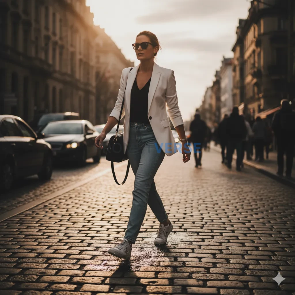 Confident woman crossing the street in white blazer and jeans, motion 