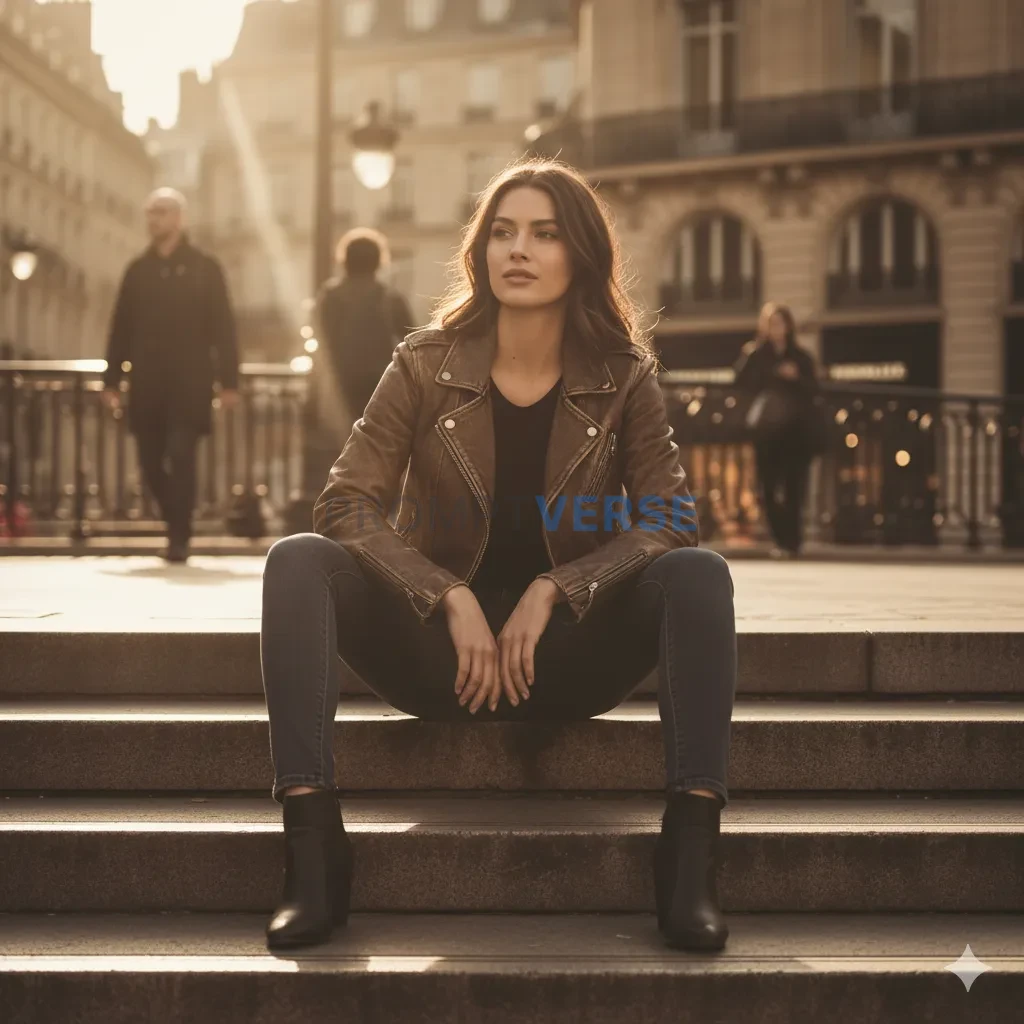 Model sitting on city stairs wearing a brown leather jacket, sunlight 