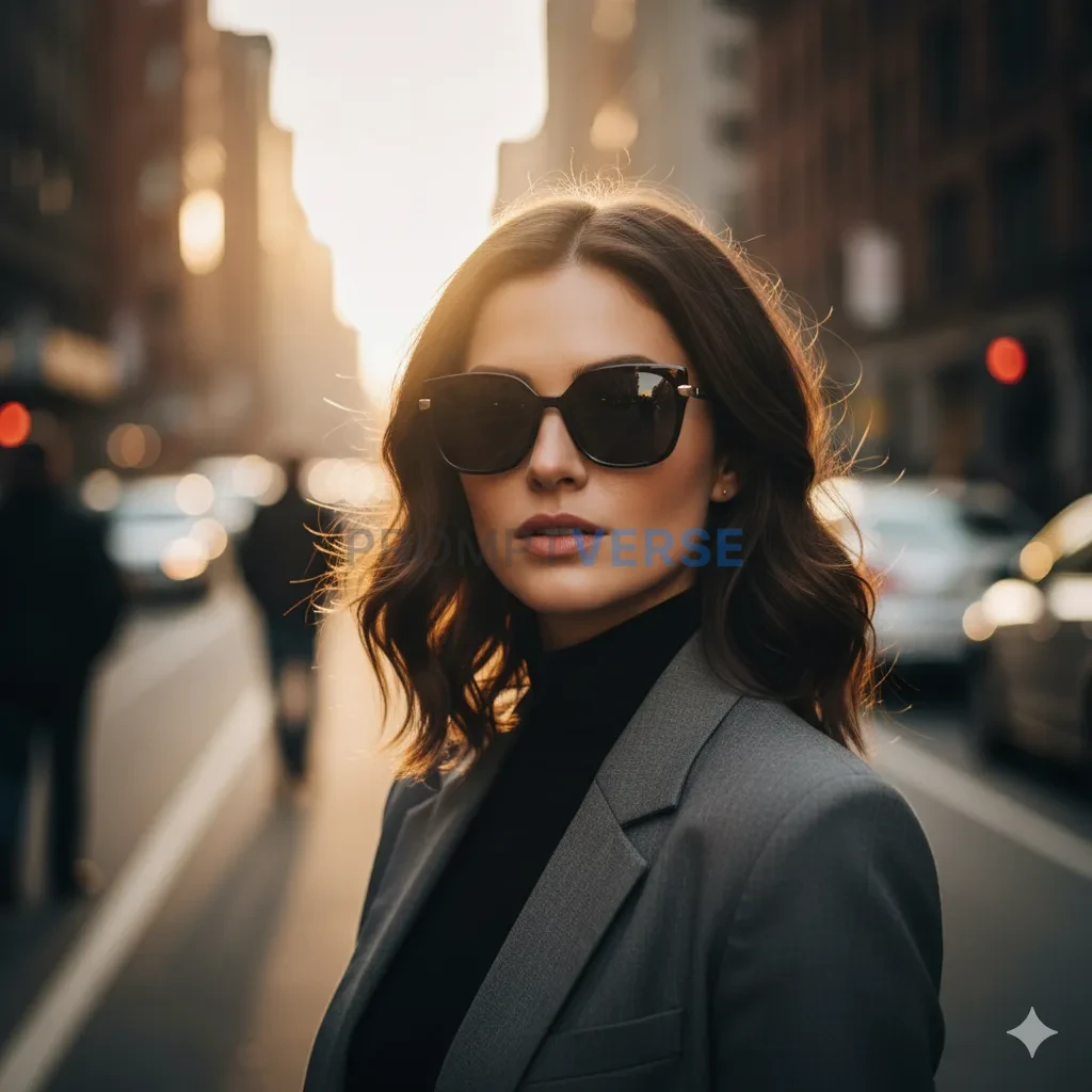 Urban portrait of a woman with sunglasses, shallow depth of field, rea