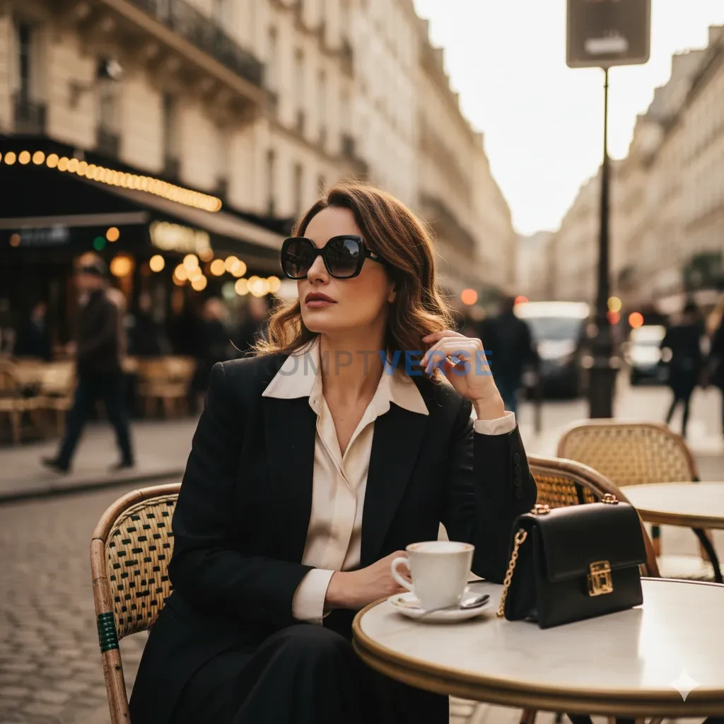 Lady sitting on an outdoor café terrace with a cappuccino, classy fas