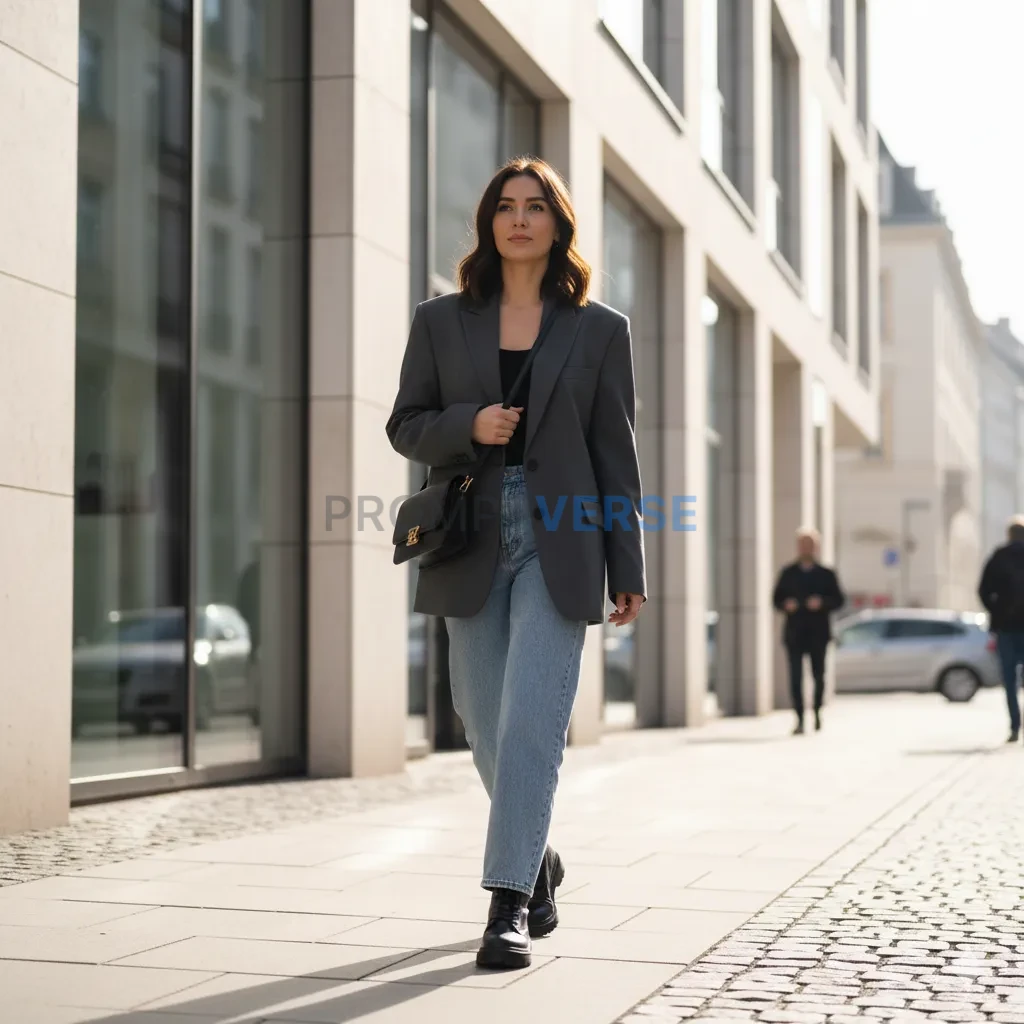 Confident woman wearing oversized blazer and boots, modern European ci
