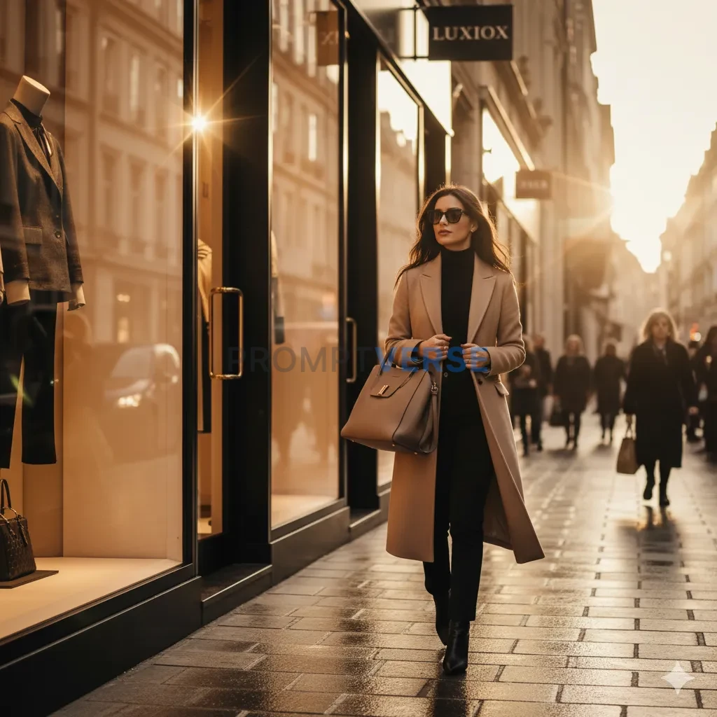 Stylish woman walking near luxury stores, sunlight reflection on windo