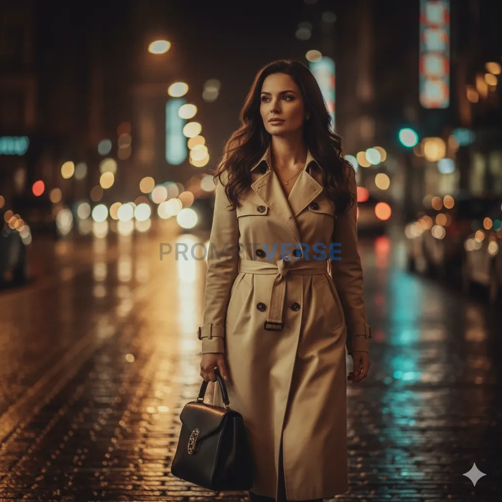 Woman in a beige trench coat holding a black handbag, cinematic bokeh 